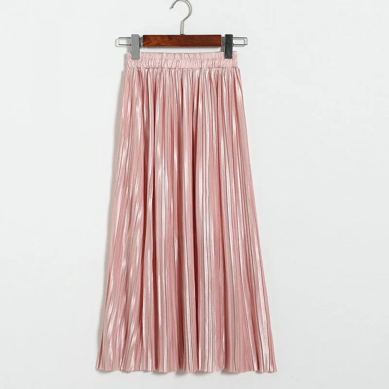 Lustrous pleated skirt metallic mid-length skirt for women of fall 2017 new Korean style joker long skirt (31)