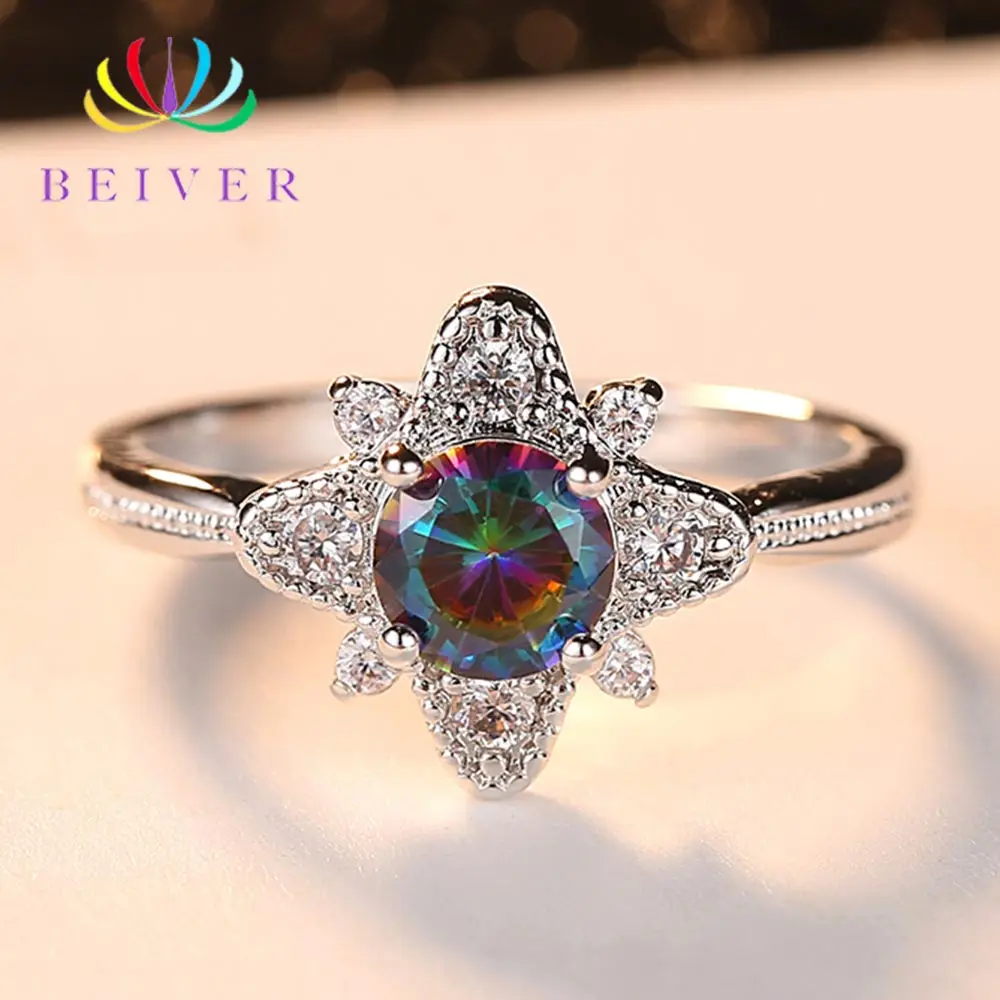 

Beiver 2019 New Designed White Gold Color Rainbow Round Zircon Promise Wedding Flower Rings for Women Party Jewelry Ladies Gifts