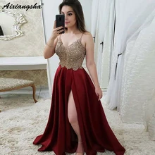 Burgundy Evening Dresses A-line Spaghetti Straps Satin Lace Beaded Slit Long Evening Party Gown Prom Dress Abendkleider
Burgundy Evening Dresses A-line Spaghetti Straps Satin Lace Beaded Slit Long Evening Party Gown Prom Dress Abendkleider