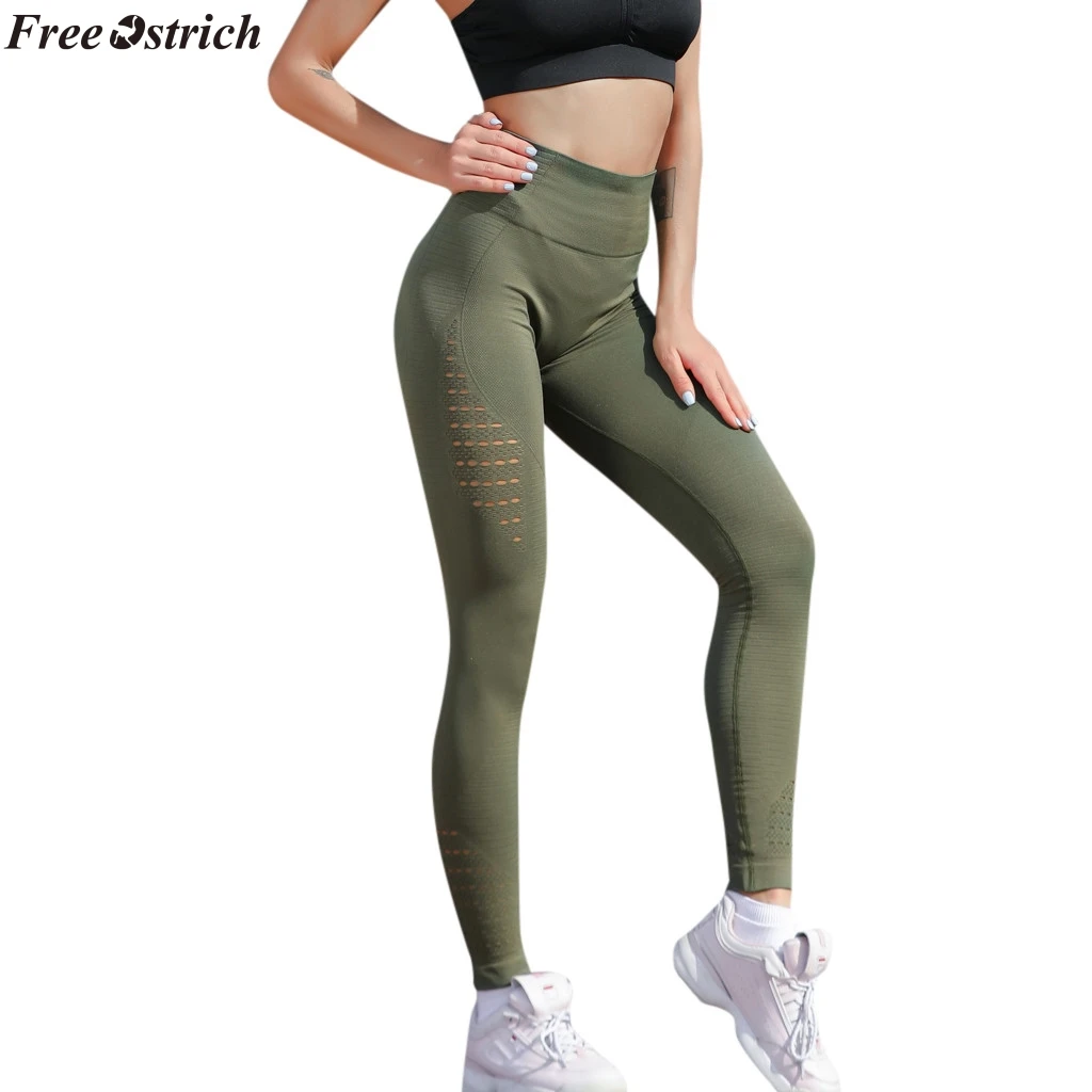 Фото FREE OSTRICH women fashion solid color hole hollow high waist slim leggings pants up elastic fitness plus size | Женская одежда