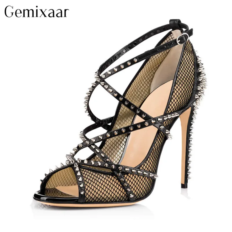 Sexy Black Air Mesh Decor Metal Rivet Cross Narrow Band Women Shoes Peep Toe High Stiletto Heels Fashion Sandals Woman
Sexy Black Air Mesh Decor Metal Rivet Cross Narrow Band Women Shoes Peep Toe High Stiletto Heels Fashion Sandals Woman