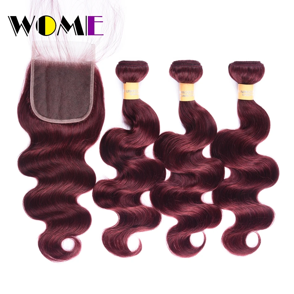 Wome Pre-colored Raw Brazilian Hair Body Wave Bundles With Closure 99J Red Burgundy 3Pcs Non remy Human Hair Weave With Closure
Wome Pre-colored Raw Brazilian Hair Body Wave Bundles With Closure 99J Red Burgundy 3Pcs Non remy Human Hair Weave With Closure