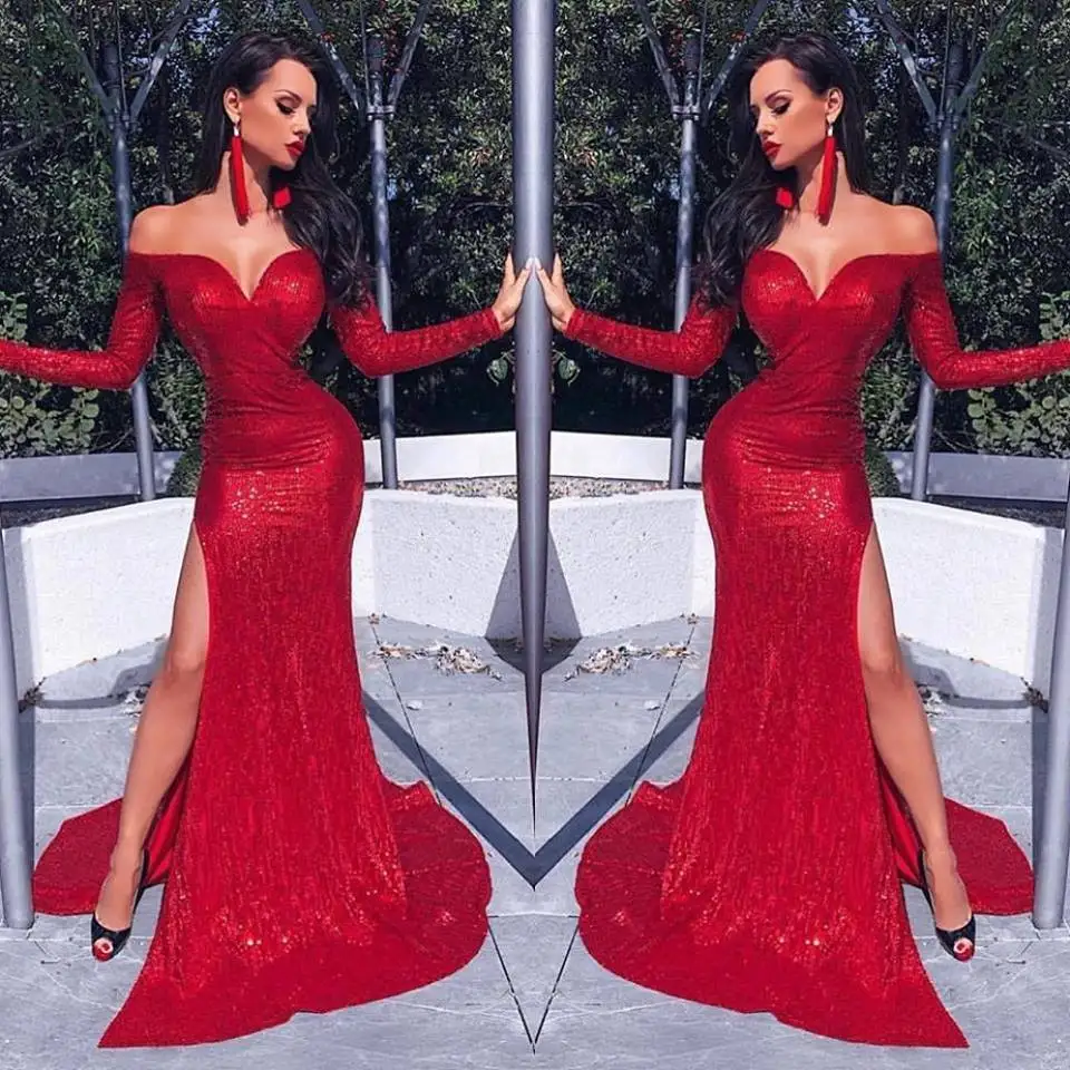 Sexy Red Mermaid Long Prom Dresses 2019 Elegant Off The Shoulder Sequins Prom Gowns Long Sleeve V-Neck Slit Party Dresses
Sexy Red Mermaid Long Prom Dresses 2019 Elegant Off The Shoulder Sequins Prom Gowns Long Sleeve V-Neck Slit Party Dresses