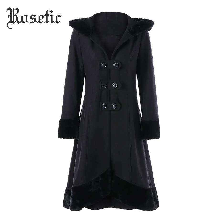 2021 Rosetic Gothic Coat Black Women Winter Hooded A Line Patchwork Lace Up Christmas Overcoats