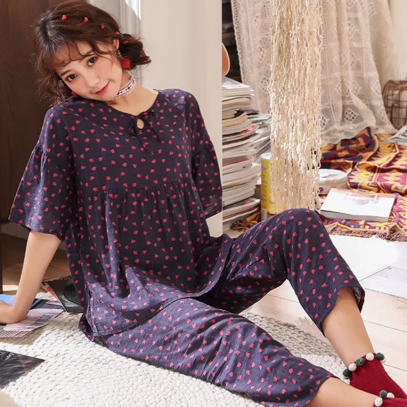 Women Pyjama Set 2019 Cotton Fiber Spring AutumnDot Pajamas Home wear Two Piece Suit Elbow Sleeve Dark Pajamas with Round tie
Women Pyjama Set 2019 Cotton Fiber Spring AutumnDot Pajamas Home wear Two Piece Suit Elbow Sleeve Dark Pajamas with Round tie