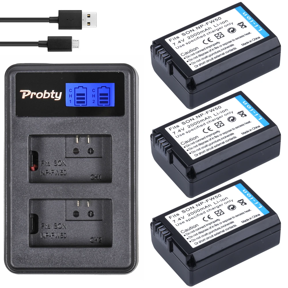 PROBTY 3Pcs 2000mAh NP-FW50 NP FW50 Battery + LCD USB Charger for Sony NEX-5 NEX-7 SLT-A55 A33 A55 A37 A3000 A5000 A6000 A6300
PROBTY 3Pcs 2000mAh NP-FW50 NP FW50 Battery + LCD USB Charger for Sony NEX-5 NEX-7 SLT-A55 A33 A55 A37 A3000 A5000 A6000 A6300