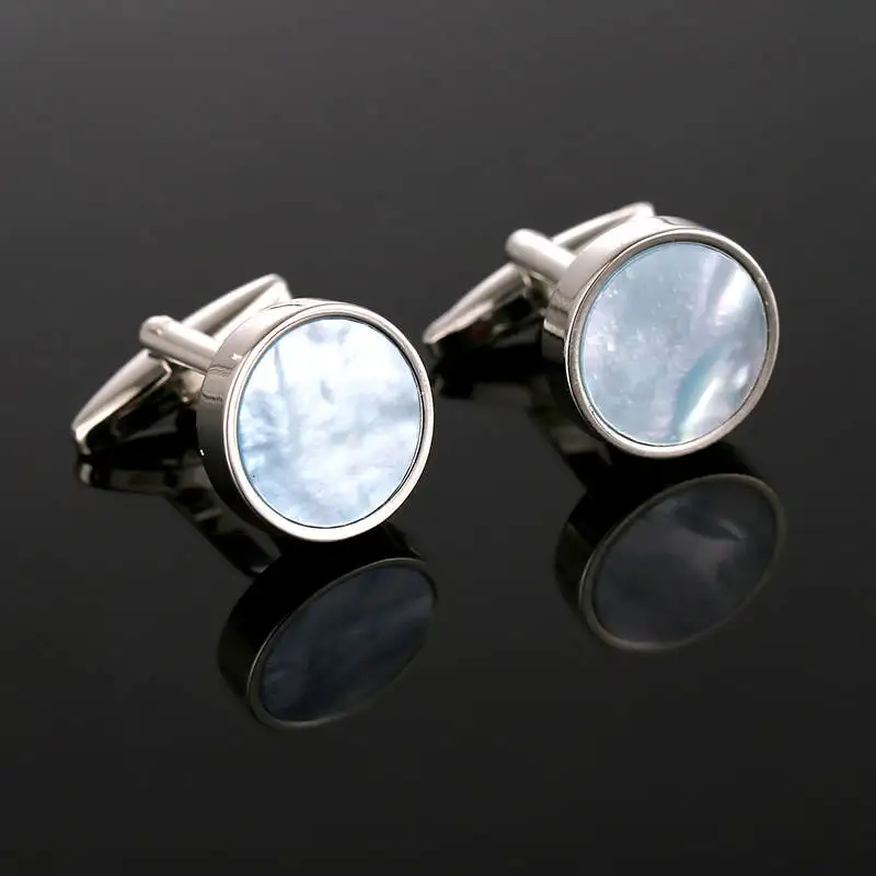 CHUKUI Silver Blue Color Sea Shell Copper Mens Cuff Link Luxury Gift Party Wedding Suit Shirt Cufflinks Round (7)