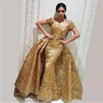 Haute Couture Evening Gowns with Detachable Train Luxury Sequins Gold Lace Applique Mermaid Prom Party Dress Vestido de festa
Haute Couture Evening Gowns with Detachable Train Luxury Sequins Gold Lace Applique Mermaid Prom Party Dress Vestido de festa