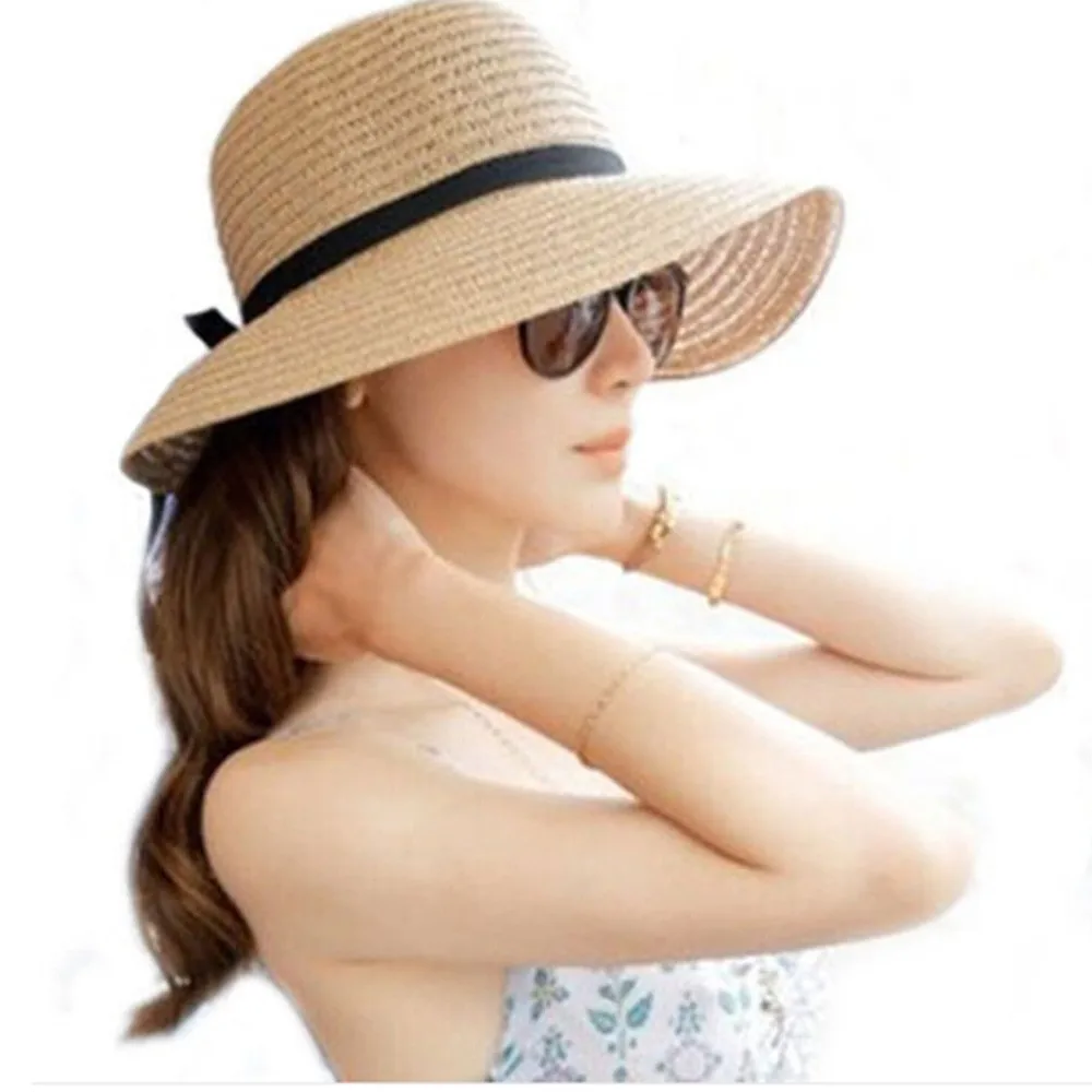

Sleeper #501 2019 NEW FASHION Floppy Foldable Ladies Women Straw Beach Sun Summer Hat Beige Wide Brim solid hot Free Shipping
