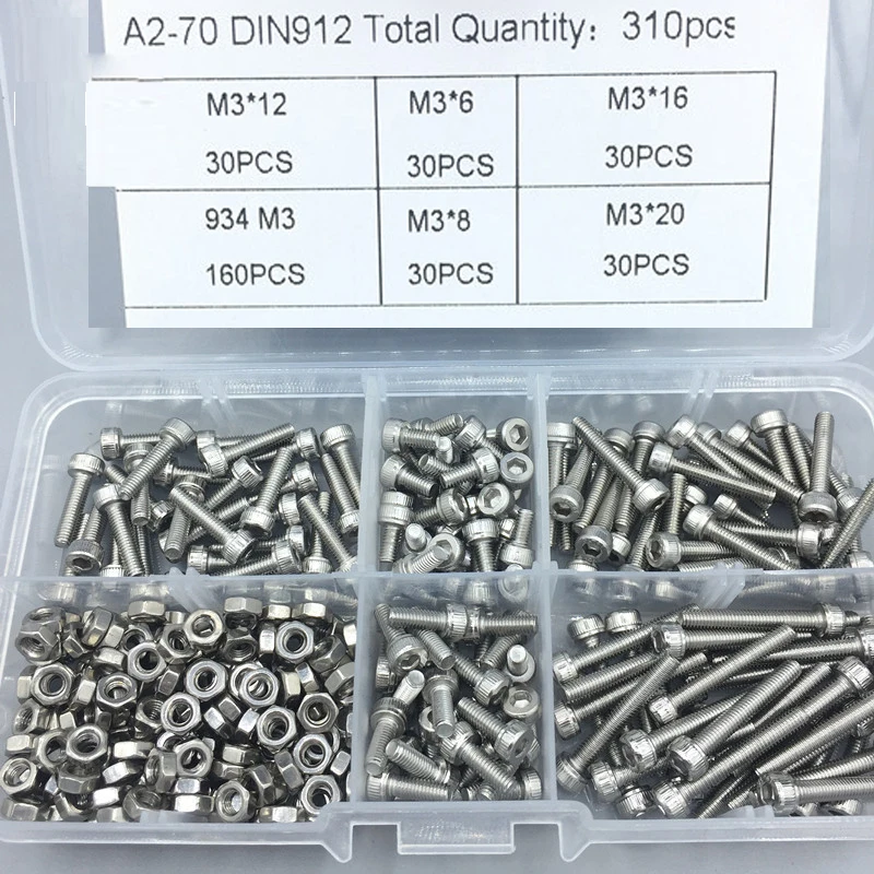 M3 DIN912 304 Stainless Steel Hexagon Socket Head Cap Screws Nuts Assortment Kit Hex Socket Screw Precise Metric Bolts Nuts Set
M3 DIN912 304 Stainless Steel Hexagon Socket Head Cap Screws Nuts Assortment Kit Hex Socket Screw Precise Metric Bolts Nuts Set