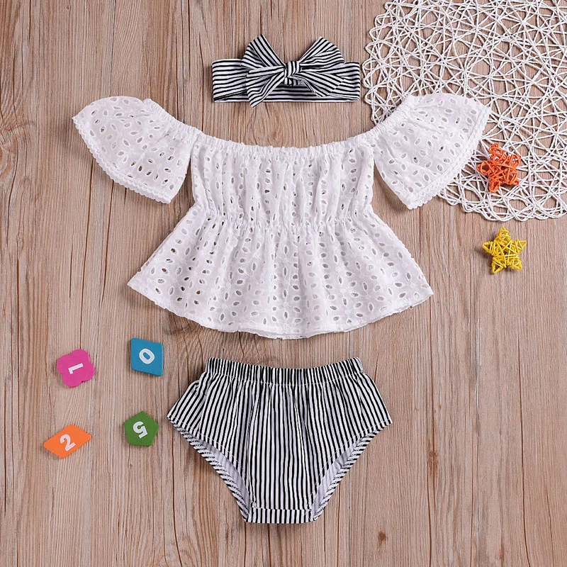 Toddler Baby Girl Clothes 3Pcs Set Summer Toddler Little Girls Boutique Outfits Lace Hollow Out Short Sleeve Top+Stripe PP Short
Toddler Baby Girl Clothes 3Pcs Set Summer Toddler Little Girls Boutique Outfits Lace Hollow Out Short Sleeve Top+Stripe PP Short
