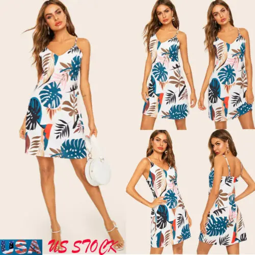 2019 Summer Beach Dress Elegant Vintage V-Neck Floral Strap Boho Casual Short backless Mini SunDress Holiday Clubwear | Женская одежда