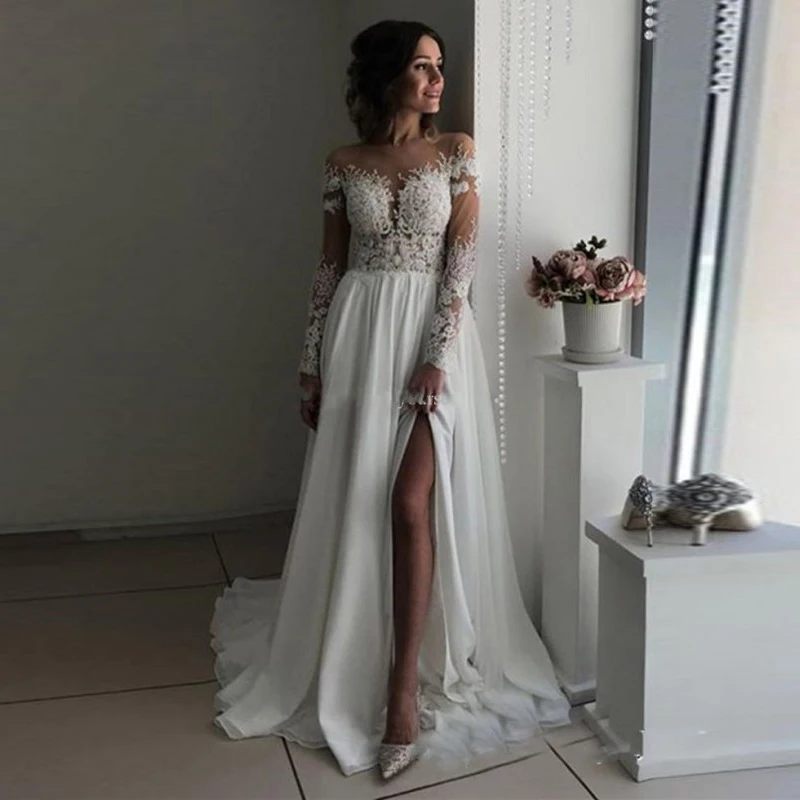 Trendy Fashion Bridal Dress Long Sleeves Appliques Sexy Slit Wedding Gowns Arabic Bridal Dresses Buttons Closure robe de mariee
Trendy Fashion Bridal Dress Long Sleeves Appliques Sexy Slit Wedding Gowns Arabic Bridal Dresses Buttons Closure robe de mariee