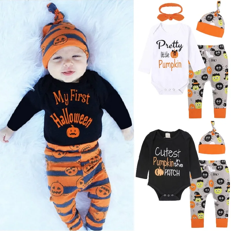 

My First Halloween Newborn Clothes Suits Baby Boy Jumpsuit Infant Bodysuit Trouser Hat Pumpkin Costumes Outfits Girls Dress Tops