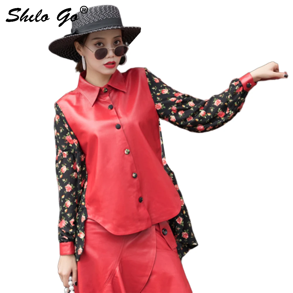Floral Print Leather Blouses Women Summer Streetwear Single Breasted Chiffon Spliced Sheepskin Genuine Leather Asymmetry Shirts
Floral Print Leather Blouses Women Summer Streetwear Single Breasted Chiffon Spliced Sheepskin Genuine Leather Asymmetry Shirts
