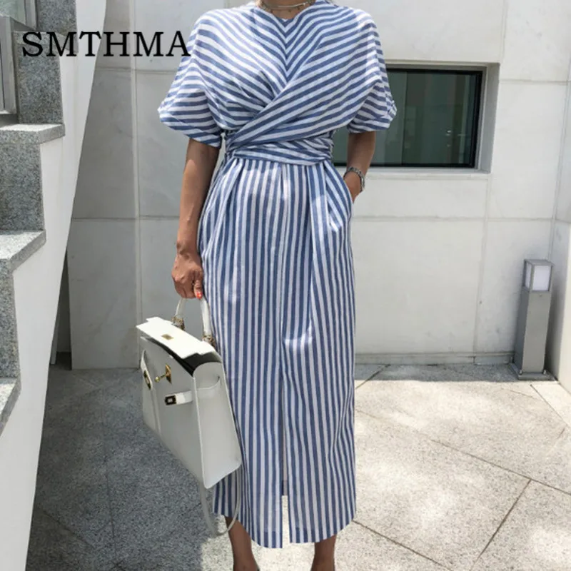 SMTHMA Korea Design fashion Striped Dress cross tie up waist front slit women Summer dress loose batwing sleeve Dress vestidos
SMTHMA Korea Design fashion Striped Dress cross tie up waist front slit women Summer dress loose batwing sleeve Dress vestidos