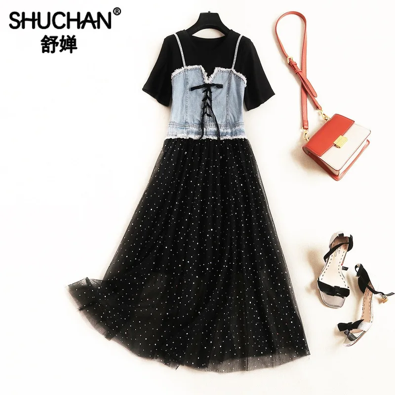 Shuchan Korean Women Fashion 2 Piece Set Women Black T-shirt+denim Patchwork Mesh Dress Wih Sequined Ensemble Femme 51271
Shuchan Korean Women Fashion 2 Piece Set Women Black T-shirt+denim Patchwork Mesh Dress Wih Sequined Ensemble Femme 51271