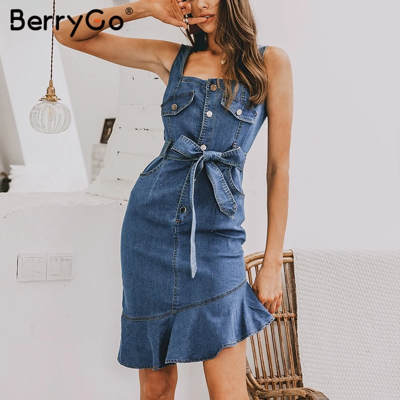 BerryGo bodycon dresses women denim dress summer dress Elegant ruffle mermaid buttons sash dresses Sexy streetwear jeans vestido
BerryGo bodycon dresses women denim dress summer dress Elegant ruffle mermaid buttons sash dresses Sexy streetwear jeans vestido