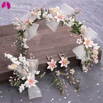 

MOLANS One Set Mori Style Yarn Flower Blossom Hairband Suit for Bride Wedding Hair Accessories Handmade Mesh Bow Alloy Hairpins