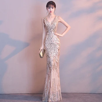 High Quality Gold Sequins Female Mermaid Dress Deep-V-Neck Sleeveless Elegant Royal Lady Evening Party Gowns Wedding Vestidos
High Quality Gold Sequins Female Mermaid Dress Deep-V-Neck Sleeveless Elegant Royal Lady Evening Party Gowns Wedding Vestidos