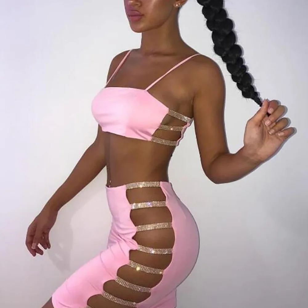 FREE SHIPPING Two Piece Set Diamond Sequin Hollow Crop Top and Skirt Short JKP1165