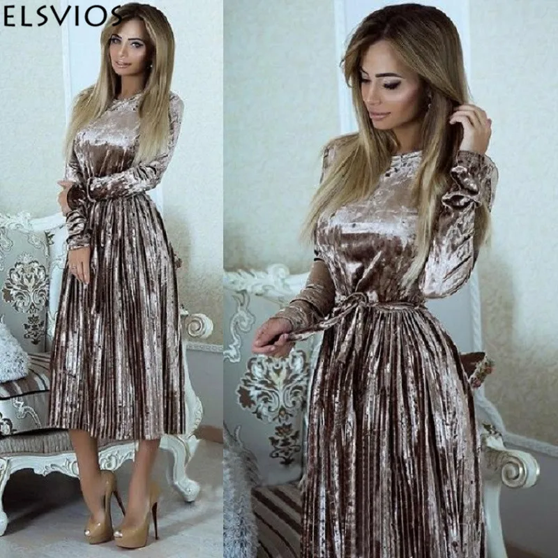 ELSVIOS Women 2018 Autumn Winter Robes Velours Elegant Pleated Dress Velvet Belted Party Dress Solid Long Sleeve A-Line Dresses 
ELSVIOS Women 2018 Autumn Winter Robes Velours Elegant Pleated Dress Velvet Belted Party Dress Solid Long Sleeve A-Line Dresses