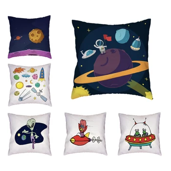 Cartoon Alien Pattern Cushion Cover Polyester Peach Flying Saucer Rocket Planet Robot Pillow Case Sofa Personality Decoration