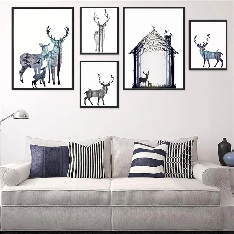 Плакаты на скандинавскую тему олень лес палатка для птиц Wall Art Постеры холсты