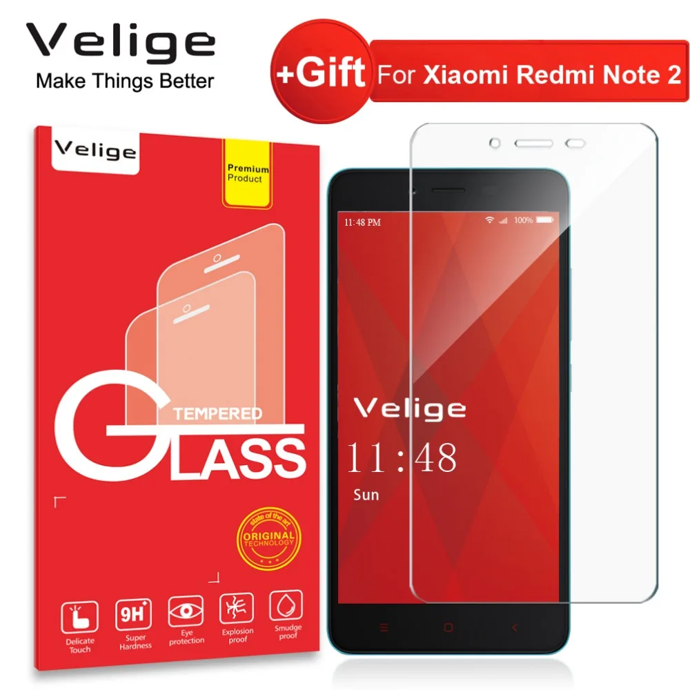 Закаленное стекло Velige 9H для Xiaomi Redmi Note 2 Xiomi Note2 Защитная пленка экрана 2.5D
