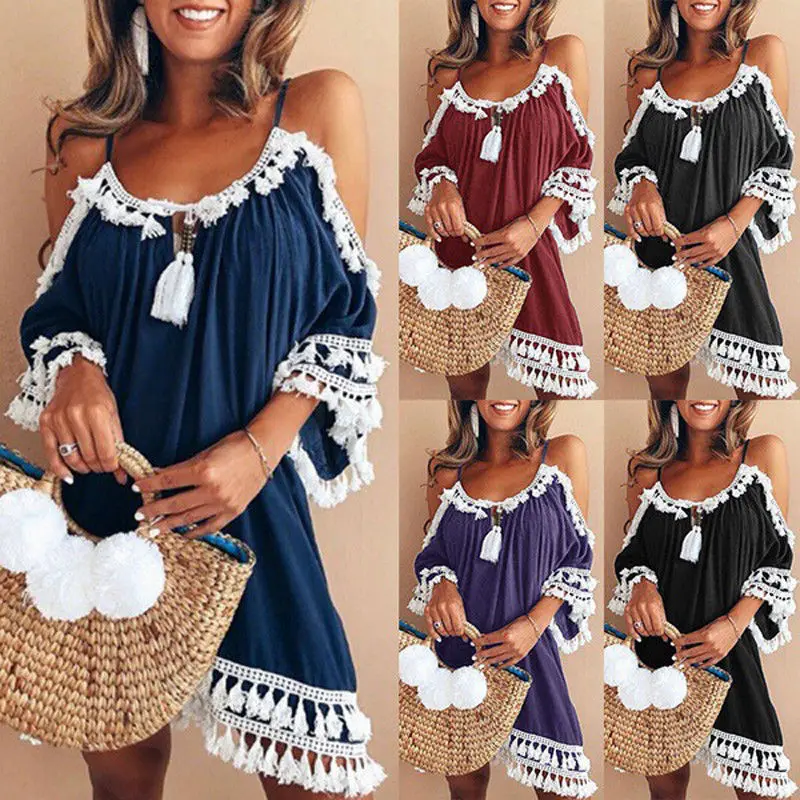 2018 Fashion Sweet Causal Summer Holiday Dress Women Off Shoulder Tassel Solid Straight Loose Knee-Length | Женская одежда