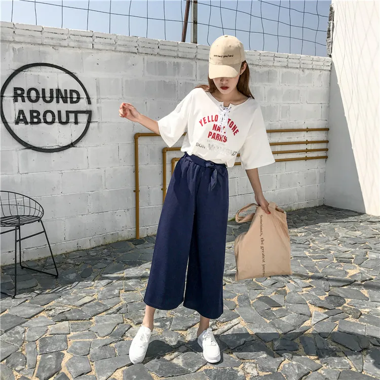 Plus Size - Casual Elastic Waist Loose Wide Leg Pants Preppy Style Trousers Female Palazzo Pants (Us 18W-20W)
