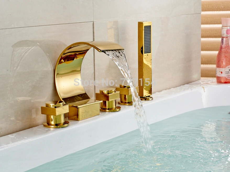 Free shipping! New Golden Finish Bathroom Tub Faucet Waterfall Spout W/ Hand Shower Deck Mount