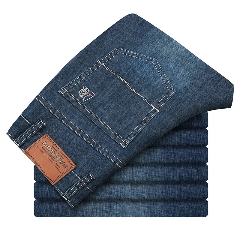 KSTUN Business Casaul Mens Jeans Retro Blue Straight Elasticity Summer Thin Vintage Man Long