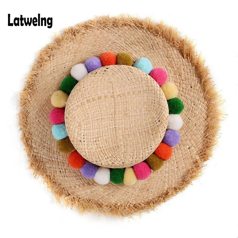 NEW Handmade Colorful Pom Pom Raffia Straw Sun Visor Hats For Women Lady Foldable Summer Panama Cap Wide Large Brim Beach Hat
NEW Handmade Colorful Pom Pom Raffia Straw Sun Visor Hats For Women Lady Foldable Summer Panama Cap Wide Large Brim Beach Hat