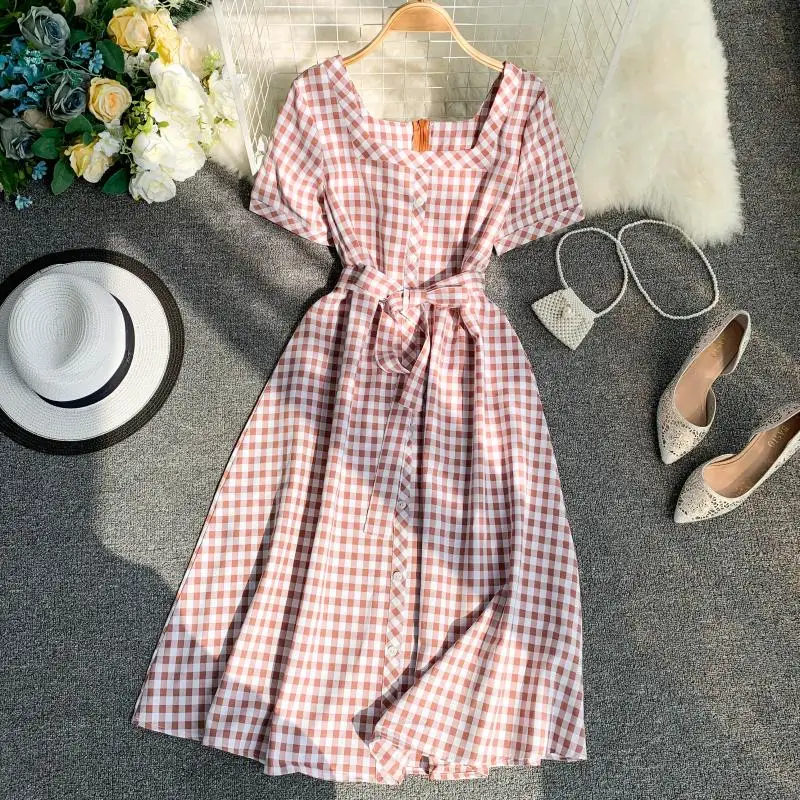 Women's summer square collar short sleeve plaid dress lady's vintage casual checked chic dress TB1074
Women's summer square collar short sleeve plaid dress lady's vintage casual checked chic dress TB1074