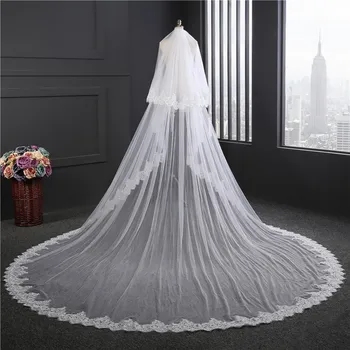 

3/4.3m White Ivory Cathedral Wedding Veils Two Tiered Long Trailing Lace Bridal Veil With Comb Sequined Flower Veil Wedding Part