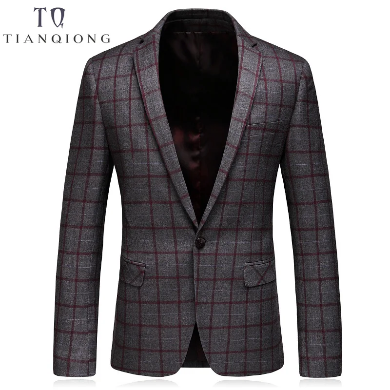 

TIAN QIONG Blazer Men Gray Plaid Wool Blazer Mens Formal Jacket Blazers for Stylish Men's Casual Slim Fit One Button Suit Jacket