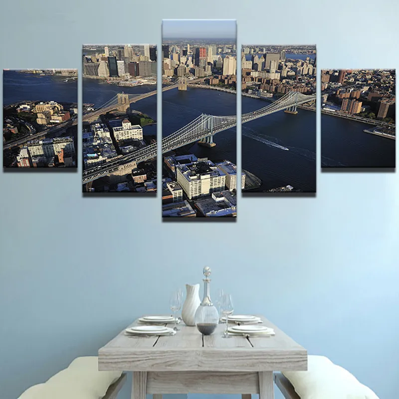 Canvas Prints Decor Pictures 5 Pieces Brooklyn Bridge And Manhattan Landscape Painting For Living Room Wall Art Framework | Дом и сад