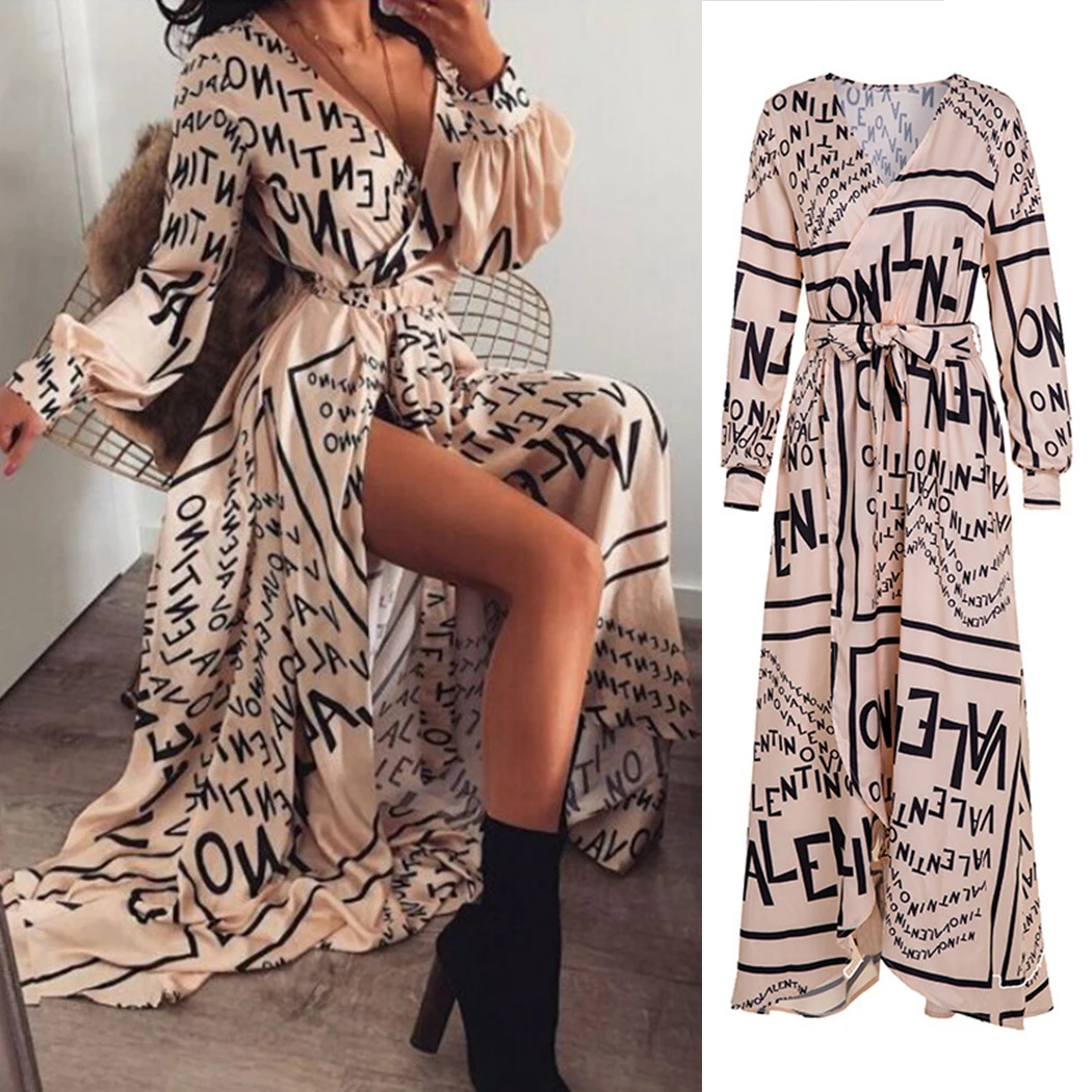 Autumn Women Split Maxi Dress Deep V Neck Letter Print Dresses Ladies Holiday Beach Party Lace Up Bow Dress Vestidos De Festa
Autumn Women Split Maxi Dress Deep V Neck Letter Print Dresses Ladies Holiday Beach Party Lace Up Bow Dress Vestidos De Festa