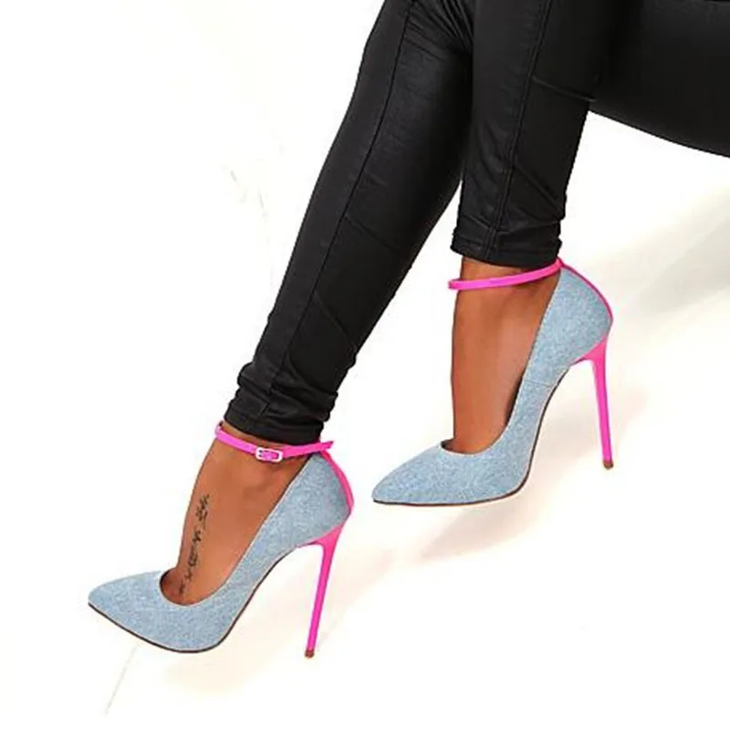 

Denim Blue High Heel Shoes Sexy Pointed toe Rose Pink Ankle Strap Stiletto Heel Woman Cowboy Pumps Female Banquet Dress Shoes