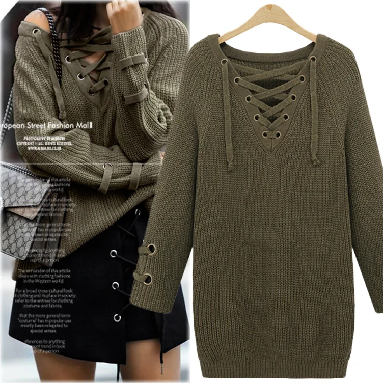 European And American Women's Clothing 2018 New Style V-Neck Tie Knitted Pullovers Solid Color Loose Plus Size Sweater Slim tops
European And American Women's Clothing 2018 New Style V-Neck Tie Knitted Pullovers Solid Color Loose Plus Size Sweater Slim tops