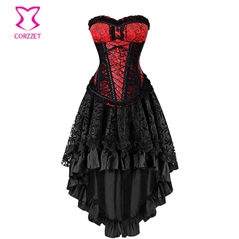 Corzzet Red+Black Brocade Steel Boned Overbust Corset Dress Women's Halloween Party Masquerade Gothic Corset Skirt Set
Corzzet Red+Black Brocade Steel Boned Overbust Corset Dress Women's Halloween Party Masquerade Gothic Corset Skirt Set