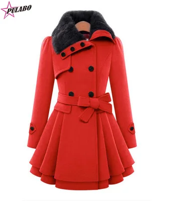 

2019 New Women Oversized Swing Double Breasted Pea Coat Buttons Wool Mid-Long Trench Coat with Belt Winter Coat Women Jackets