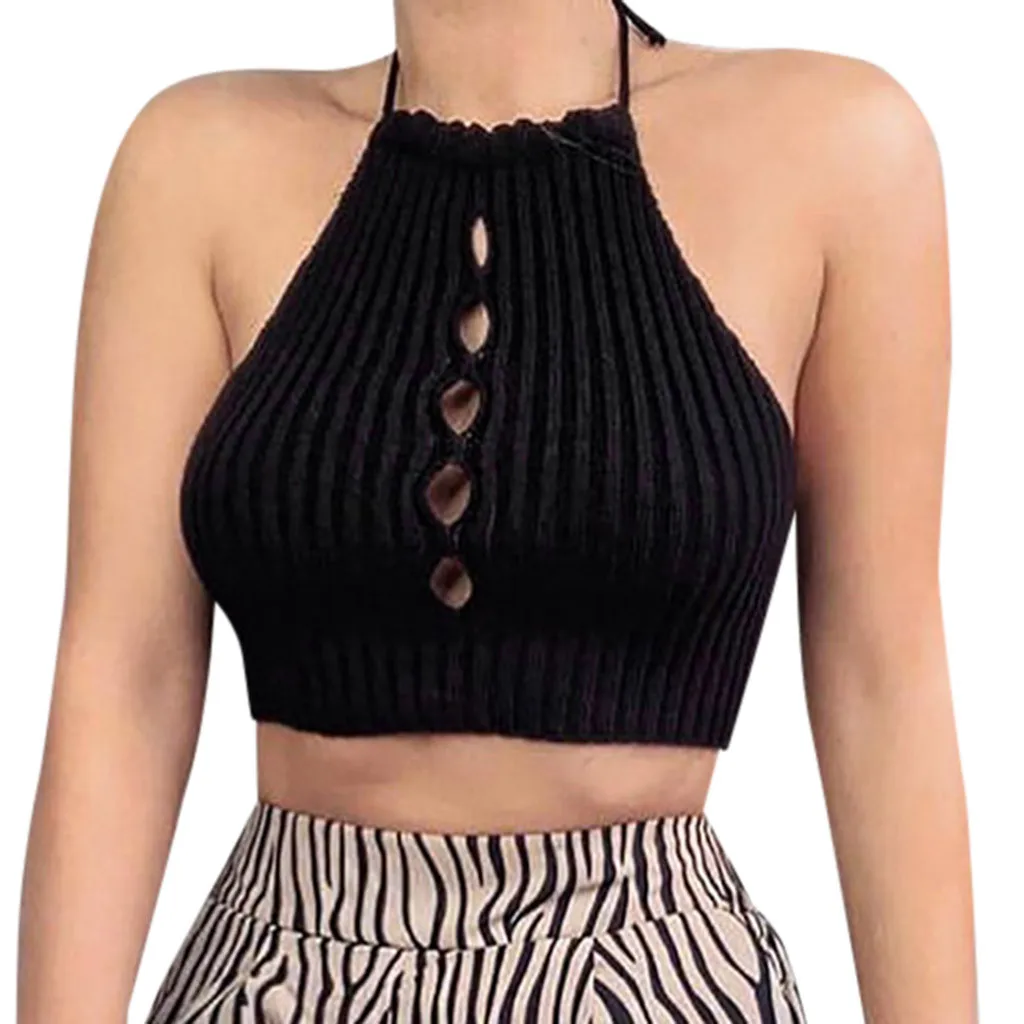 2019 Women's summer sexy hollow backless bandage hanging neck vest sling top female solid color knitted soft comfortable vest
2019 Women's summer sexy hollow backless bandage hanging neck vest sling top female solid color knitted soft comfortable vest
