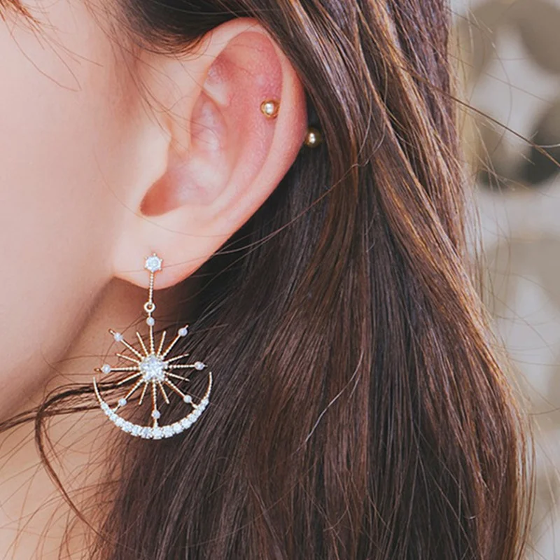 Luxury Zircon Stars Moon Sun Drop Earrings Women Rose gold Gold Sliver Color Sun Moon Full Crystal Statement Earrings
Luxury Zircon Stars Moon Sun Drop Earrings Women Rose gold Gold Sliver Color Sun Moon Full Crystal Statement Earrings