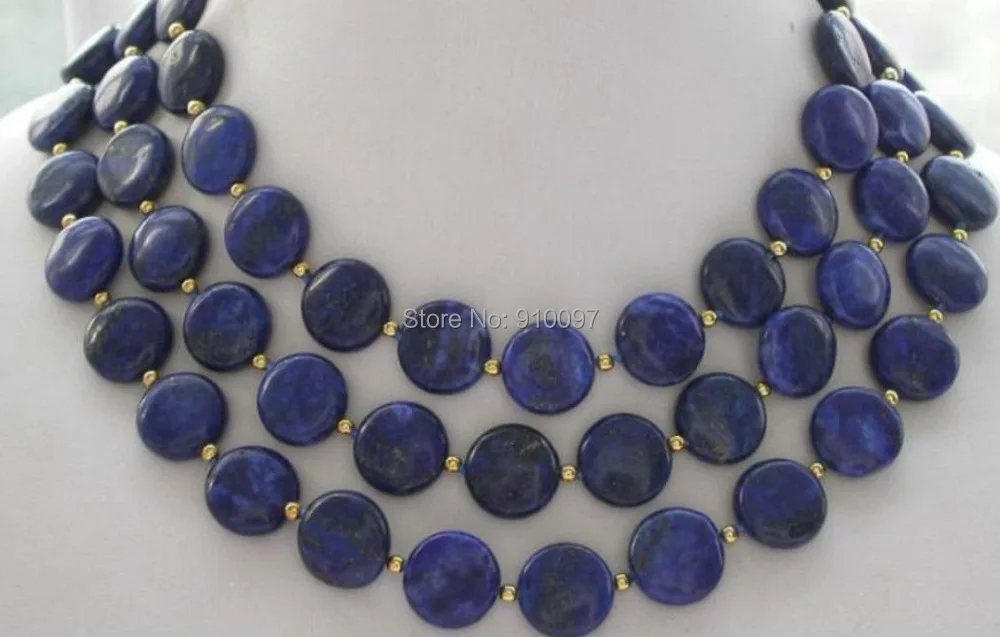 

free shipping >>Natural 12mm coin blue lapis lazuli bead necklace 50" AAA