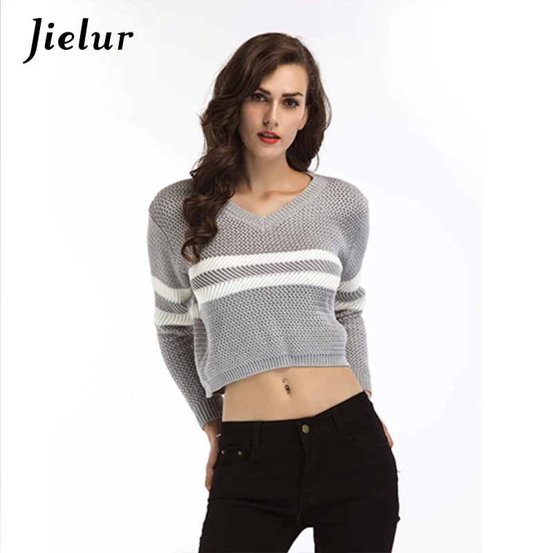Jielur Europe Autumn V-neck Striped Sweaters Long Sleeve Sexy Crop Top Street Fashion Knitted Lady's Sweater Pullover Female
Jielur Europe Autumn V-neck Striped Sweaters Long Sleeve Sexy Crop Top Street Fashion Knitted Lady's Sweater Pullover Female