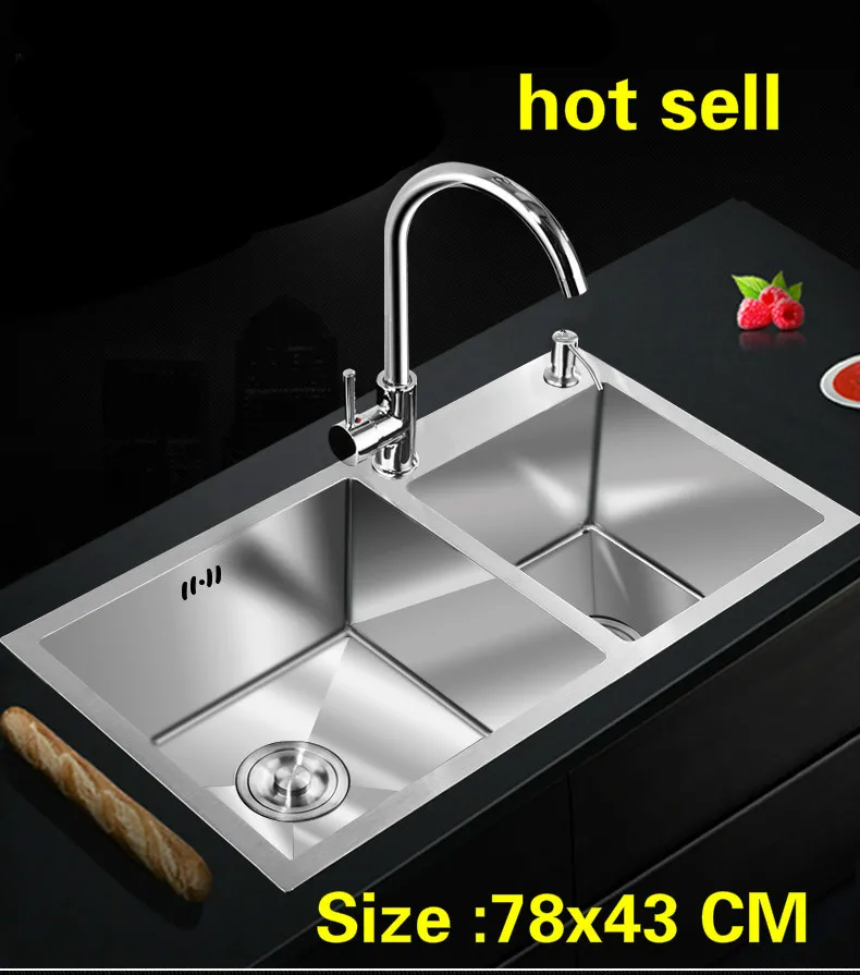 

Free shipping Apartment big kitchen manual sink double groove standard food grade 304 stainless steel hot sell 780x430 MM