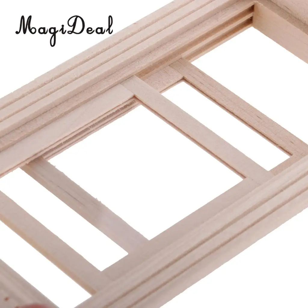 4 Set 1/12 Unpainted Wood Movable 2-Pane Sash Window & Frame & Glass Sheet Dolls House Room Fairy Garden Decor