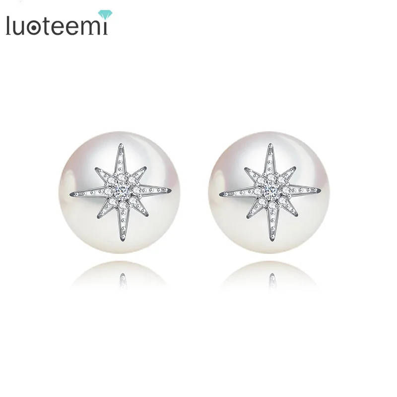 

LUOTEEMI New Fashion AAA Cubic Zirconia Star With Imitation Pearl Stud Earring For Women Wedding Birthday Party Brincos Bijoux